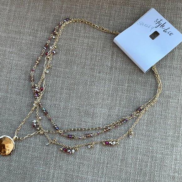 Style & Co. Necklaces Gold plated Multi Rows Faceted Beads Hammered Coin Pendant - Picture 6 of 12